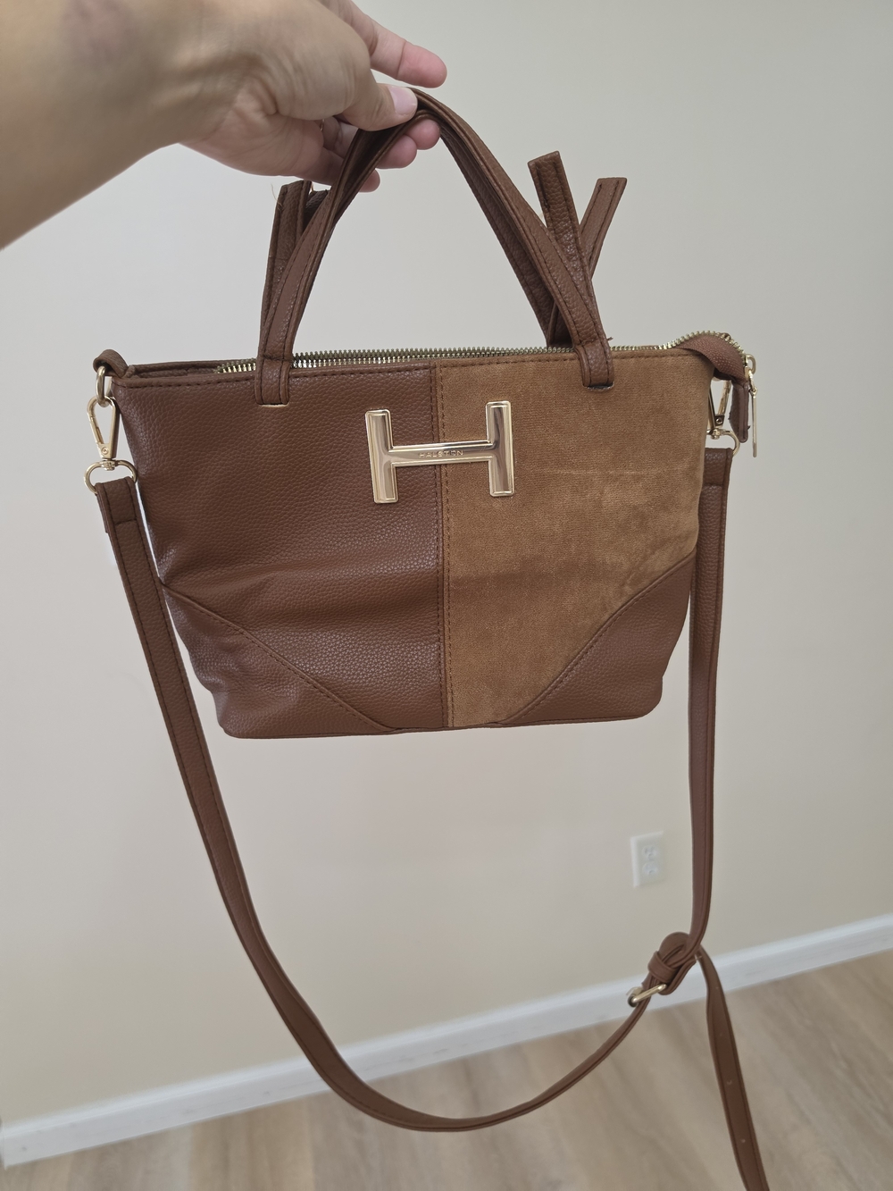 Halston Brown Leather & Suede Top-Handle Tote with Gold Hardware